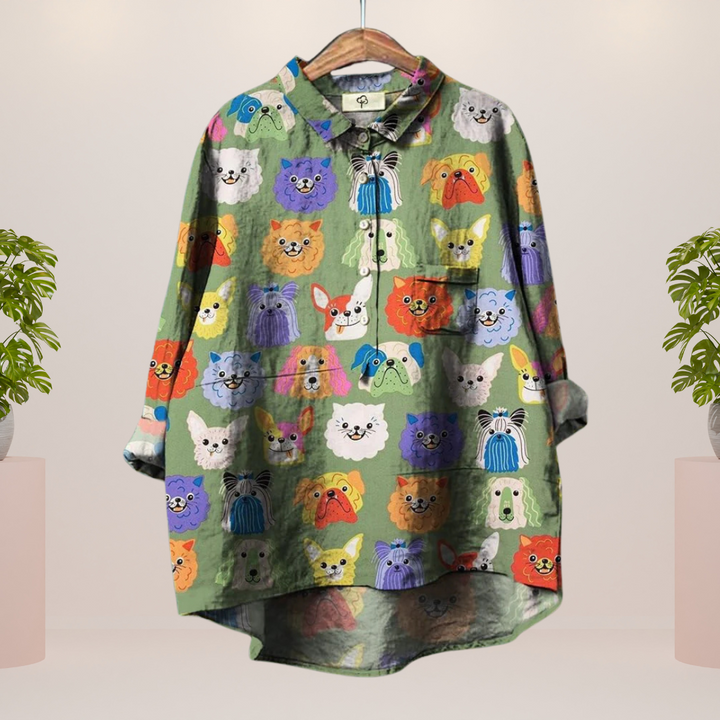 Freya™ | Fun Dog Print Button-Up Shirt