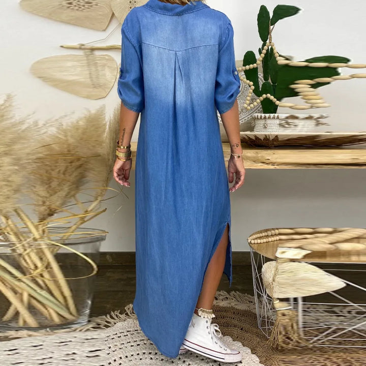Everly - Effortless Denim-Style Maxi Dress with Side Slit