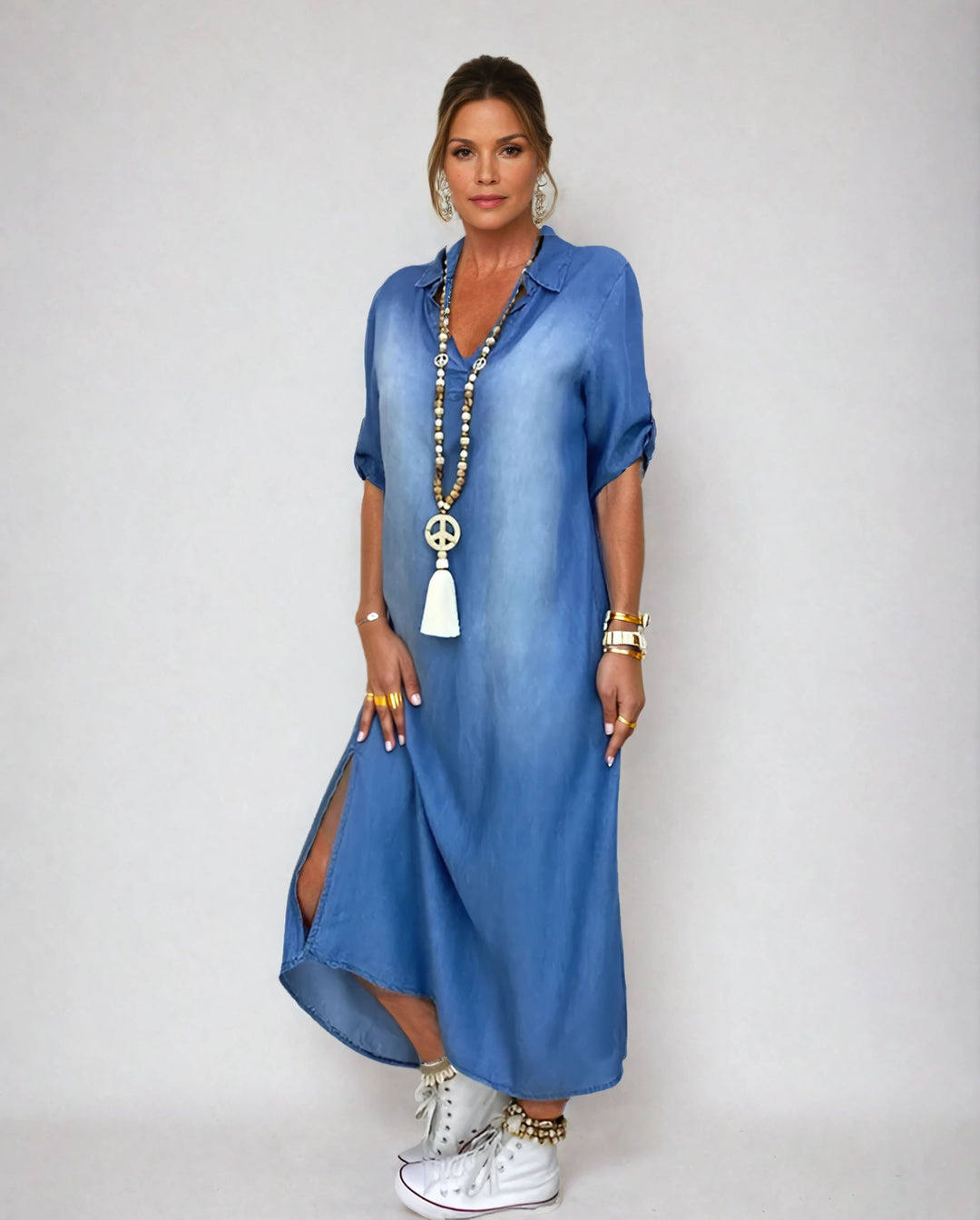 Everly - Effortless Denim-Style Maxi Dress with Side Slit
